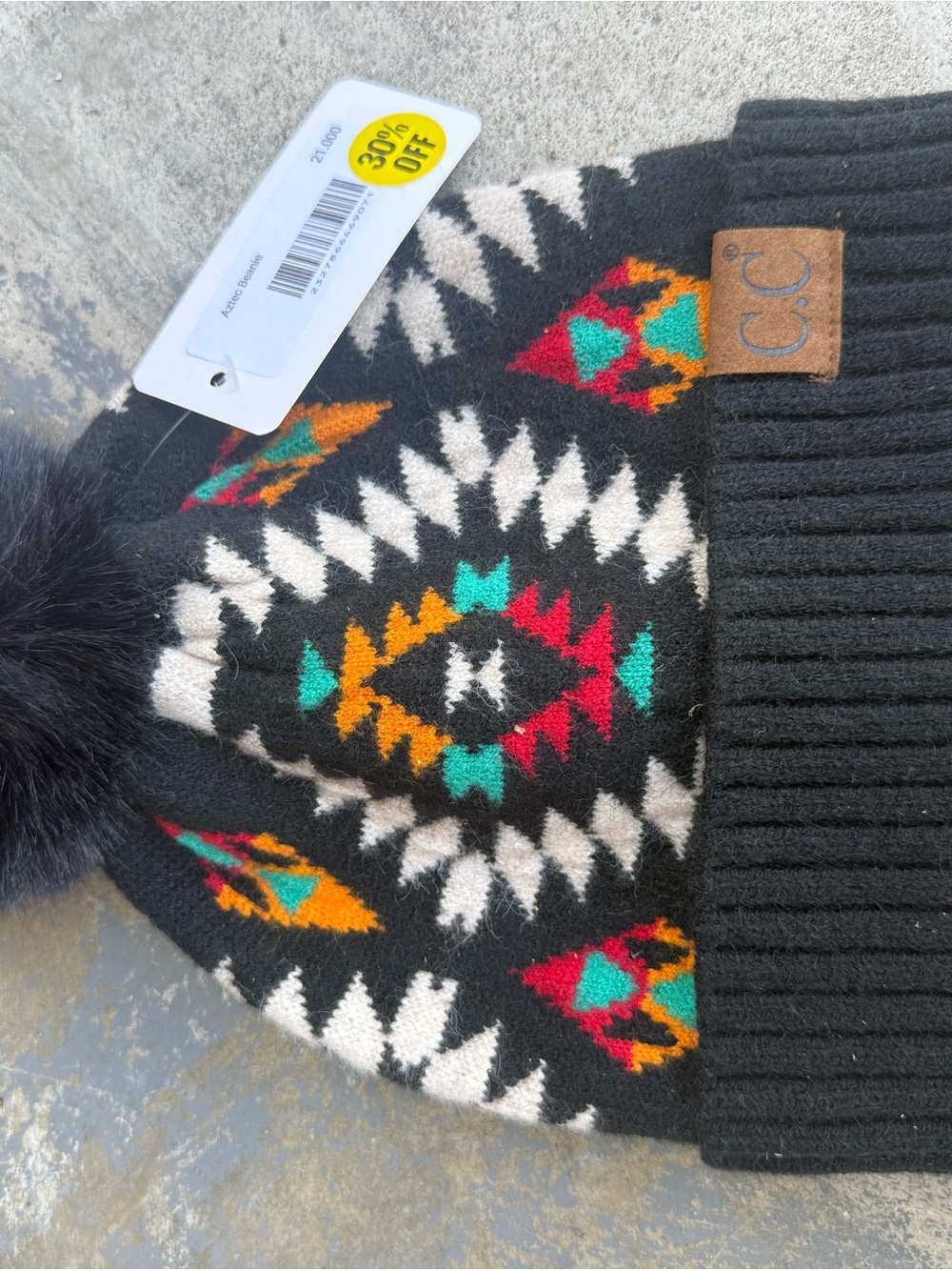 C.C Kids Black Beanie with Teal, Red & Orange Aztec Accents